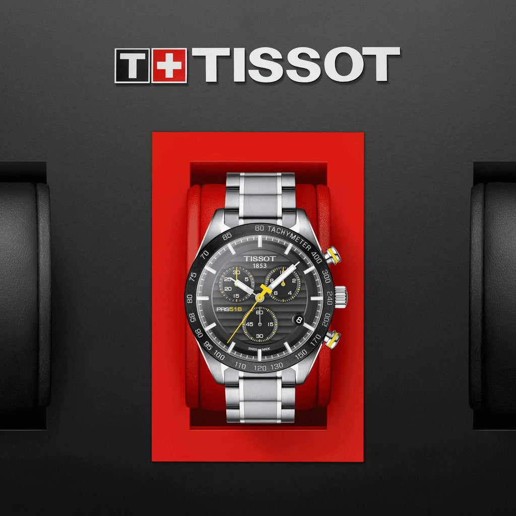 Tissot PRS 516 Chronograph Black Dial Silver Steel Strap Watch For Men - T100.417.11.051.00 Buy Now By Tissot