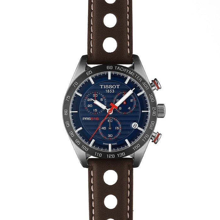 Tissot PRS 516 Chronograph Blue Dial Brown Leather Strap Watch For Men - T100.417.16.041.00 Buy Now By Tissot