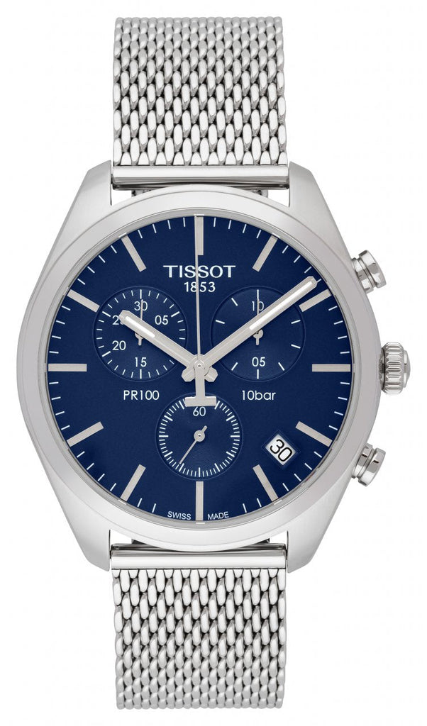 Tissot PR 100 Chronograph Blue Dial Silver Mesh Bracelet Watch for Men - T101.417.11.041.00 Buy Now By Tissot