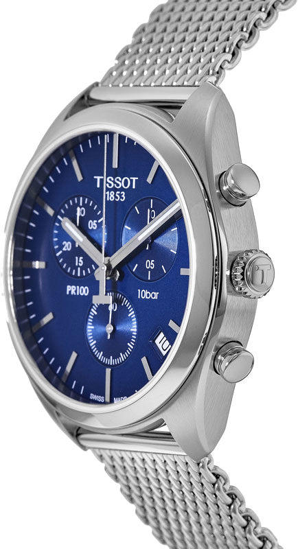 Tissot PR 100 Chronograph Blue Dial Silver Mesh Bracelet Watch for Men - T101.417.11.041.00 Buy Now By Tissot