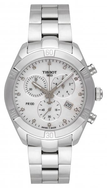 Tissot PR 100 Sport Chic Chronograph Diamonds Mother of Pearl Dial Silver Steel Strap Watch for Women - T101.917.11.116.00 Buy Now By Tissot