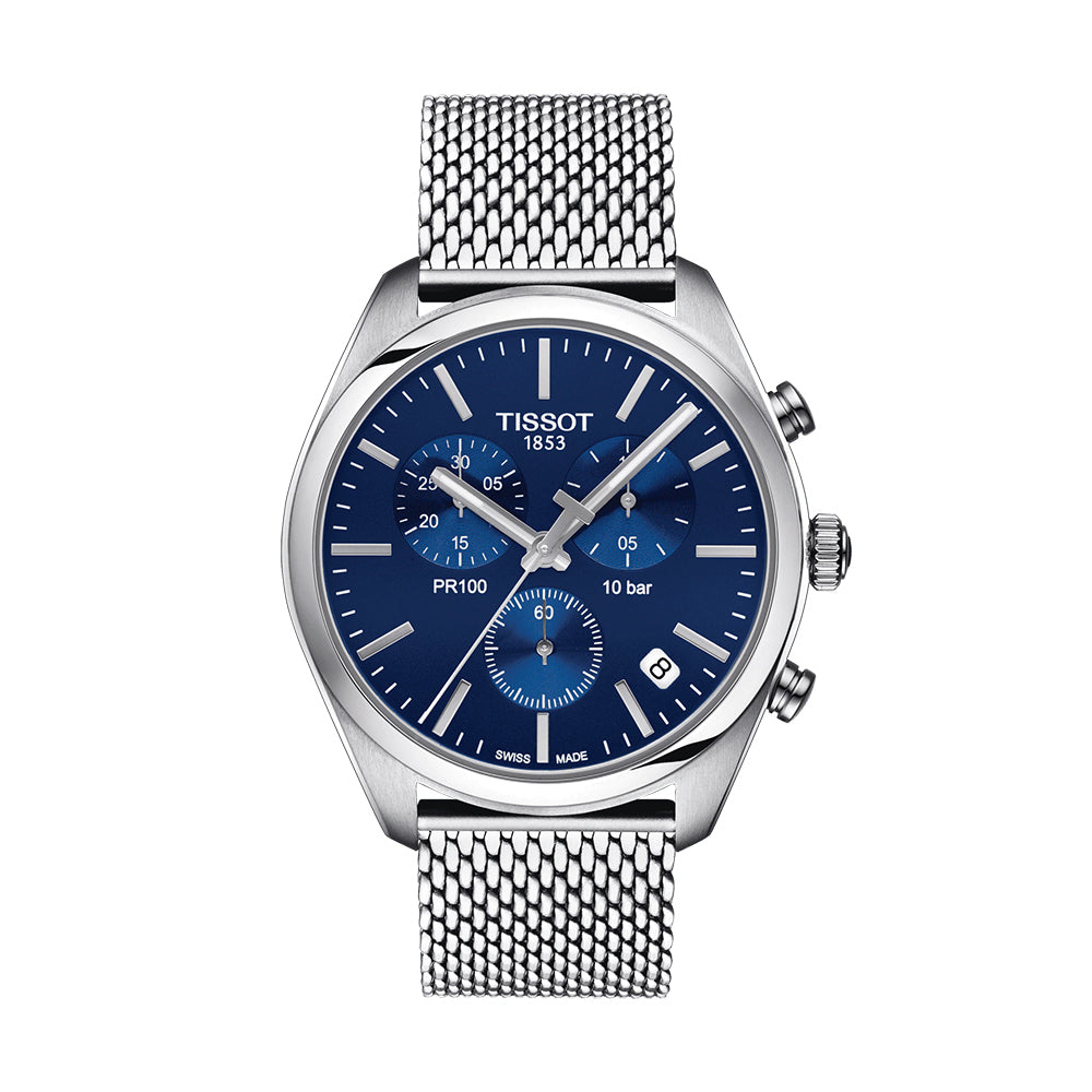Tissot PR 100 Chronograph Blue Dial Silver Mesh Bracelet Watch for Men - T101.417.11.041.00 Buy Now By Tissot