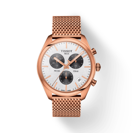 Tissot T Classic PR 100 Chronograph Silver Dial Rose Gold Mesh Bracelet Watch For Men - T101.417.33.031.01 Buy Now By Tissot