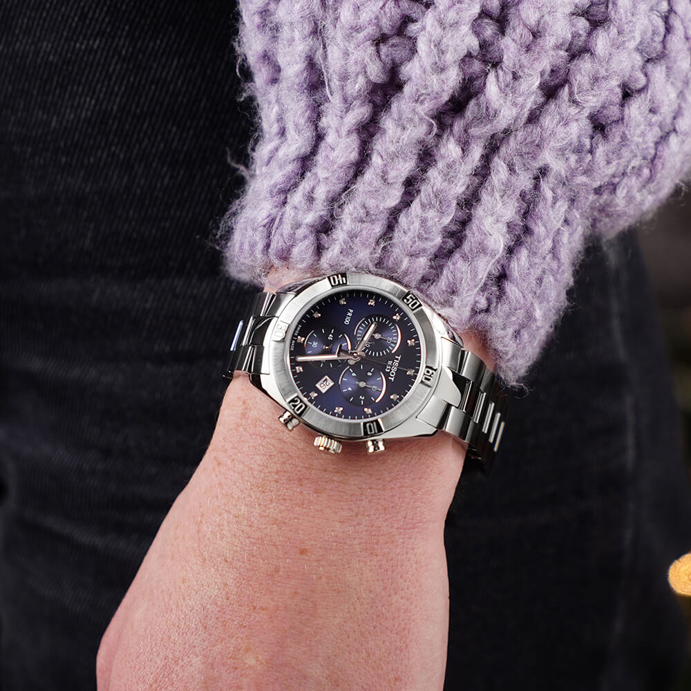 Tissot PR 100 Sport Chic Chronograph Diamonds Blue Dial Silver Steel Strap Watch for Women - T101.917.11.046.00 Buy Now By Tissot