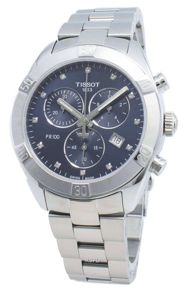 Tissot PR 100 Sport Chic Chronograph Diamonds Blue Dial Silver Steel Strap Watch for Women - T101.917.11.046.00 Buy Now By Tissot