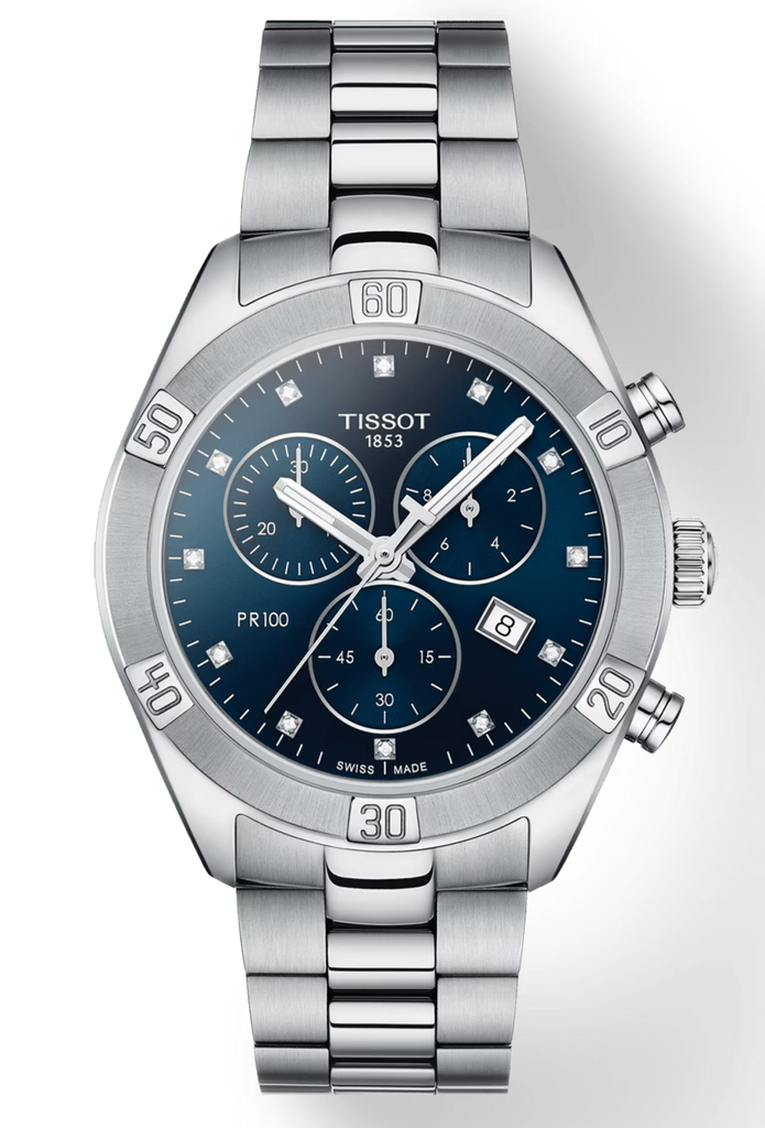 Tissot PR 100 Sport Chic Chronograph Diamonds Blue Dial Silver Steel Strap Watch for Women - T101.917.11.046.00 Buy Now By Tissot