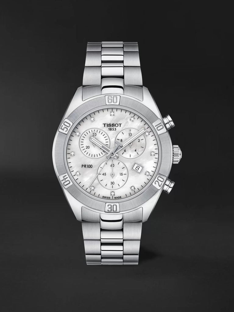 Tissot PR 100 Sport Chic Chronograph Diamonds Mother of Pearl Dial Silver Steel Strap Watch for Women - T101.917.11.116.00 Buy Now By Tissot