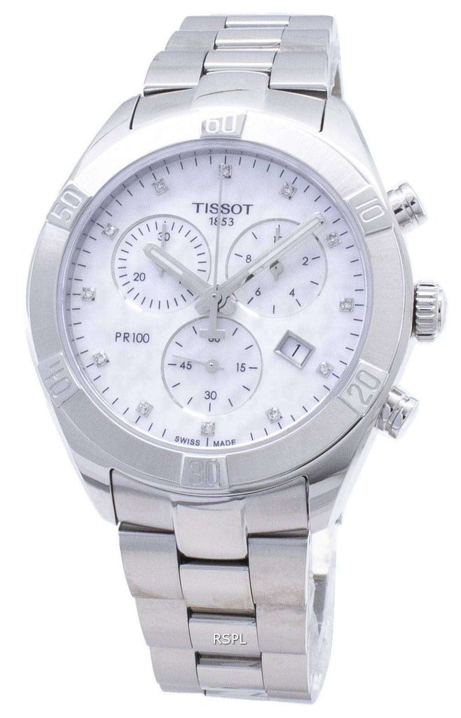 Tissot PR 100 Sport Chic Chronograph Diamonds Mother of Pearl Dial Silver Steel Strap Watch for Women - T101.917.11.116.00 Buy Now By Tissot