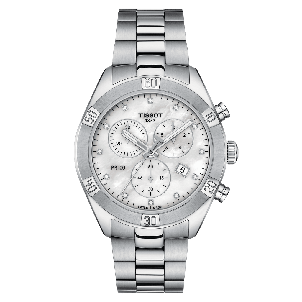 Tissot PR 100 Sport Chic Chronograph Diamonds Mother of Pearl Dial Silver Steel Strap Watch for Women - T101.917.11.116.00 Buy Now By Tissot