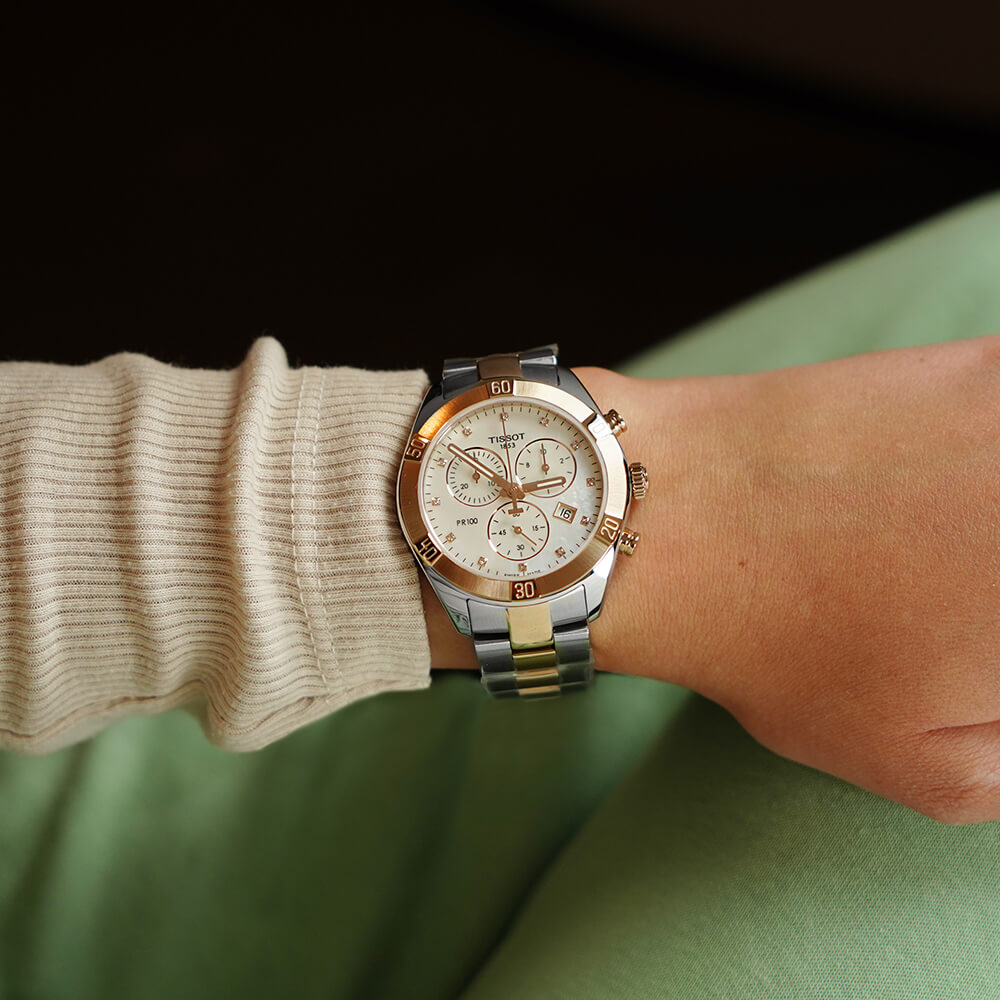 Tissot PR 100 Sport Chic Chronograph Diamonds Mother of Pearl Dial Two Tone Steel Strap Watch for Women - T101.917.22.116.00 Buy Now By Tissot