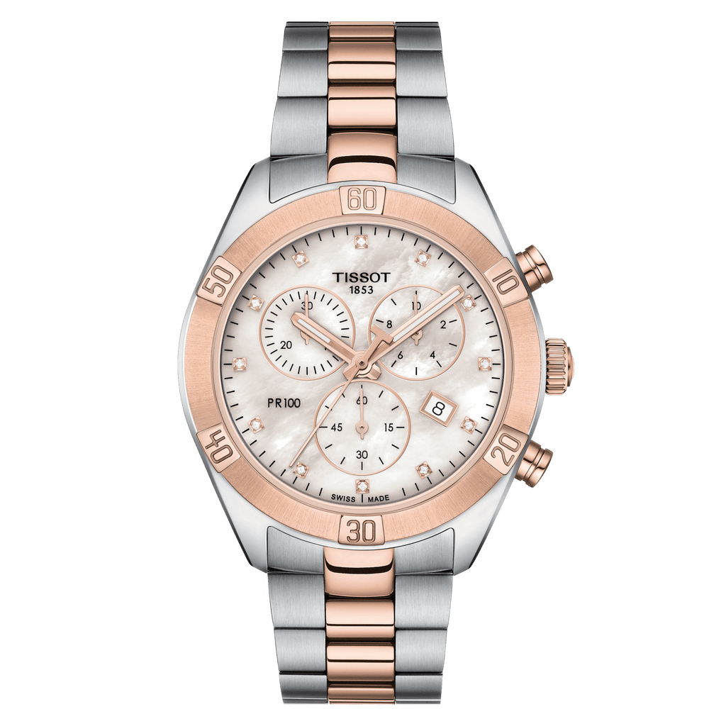 Tissot PR 100 Sport Chic Chronograph Diamonds Mother of Pearl Dial Two Tone Steel Strap Watch for Women - T101.917.22.116.00 Buy Now By Tissot