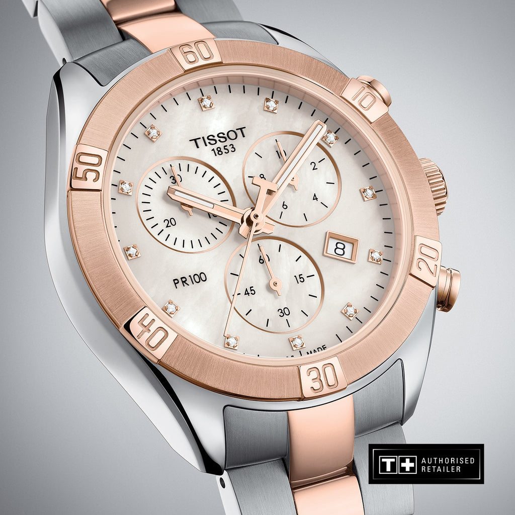 Tissot PR 100 Sport Chic Chronograph Diamonds Mother of Pearl Dial Two Tone Steel Strap Watch for Women - T101.917.22.116.00 Buy Now By Tissot