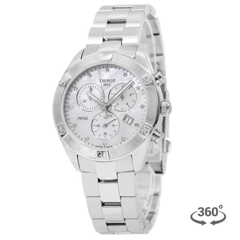 Tissot PR 100 Sport Chic Chronograph Diamonds Mother of Pearl Dial Silver Steel Strap Watch for Women - T101.917.11.116.00 Buy Now By Tissot