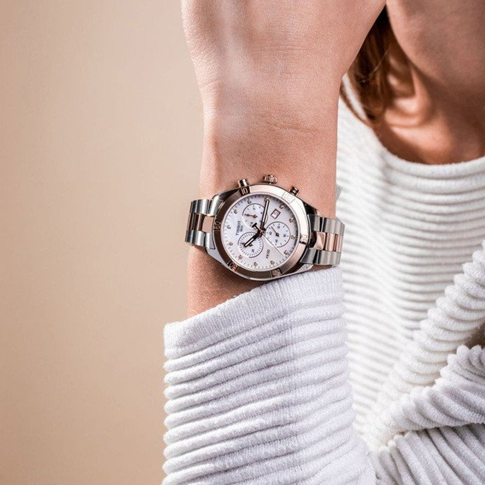 Tissot PR 100 Sport Chic Chronograph Diamonds Mother of Pearl Dial Two Tone Steel Strap Watch for Women - T101.917.22.116.00 Buy Now By Tissot