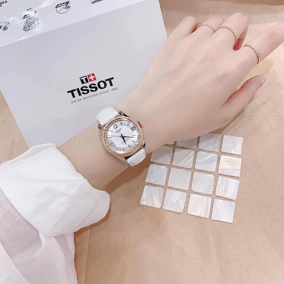 Tissot T-Classic Powermatic 80 Mother of Pearl Silver Dial White Leather Strap Watch For Women - T108.208.26.117.00 Buy Now By Tissot