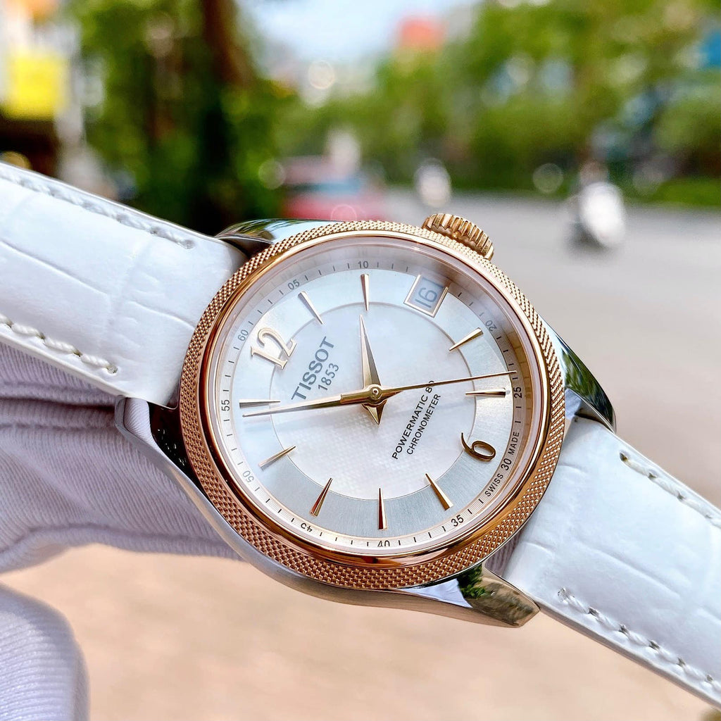 Tissot T-Classic Powermatic 80 Mother of Pearl Silver Dial White Leather Strap Watch For Women - T108.208.26.117.00 Buy Now By Tissot