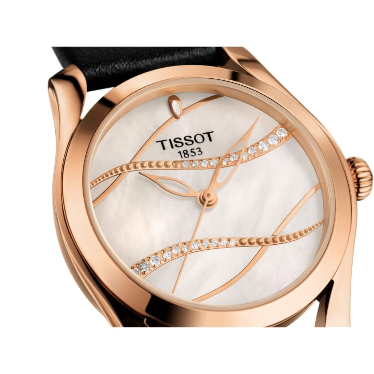 Tissot T Wave Diamond Mother of Pearl Dial Black Leather Strap Watch For Women - T112.210.36.111.00 Buy Now By Tissot