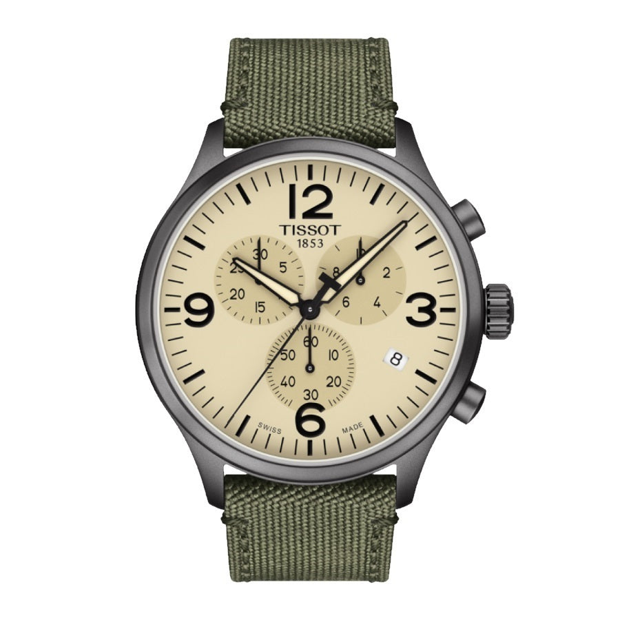 Tissot T Sport Chrono XL Beige Dial Khakhi Green Nylon Strap Watch for Men - T116.617.33.267.00 Buy Now By Tissot