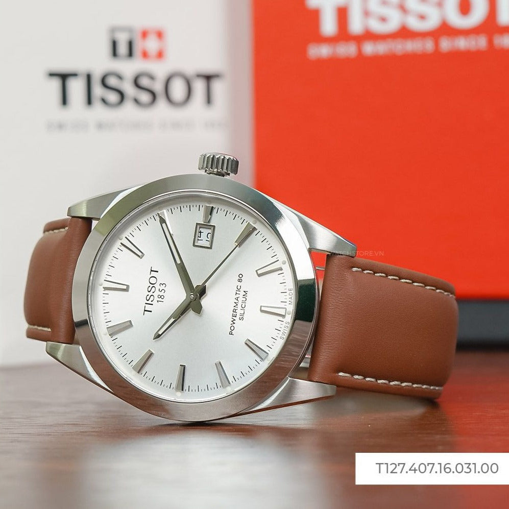 Tissot Gentleman Powermatic 80 Silicium Silver Dial Brown Leather Strap Watch For Men - T127.407.16.031.00 Buy Now By Tissot