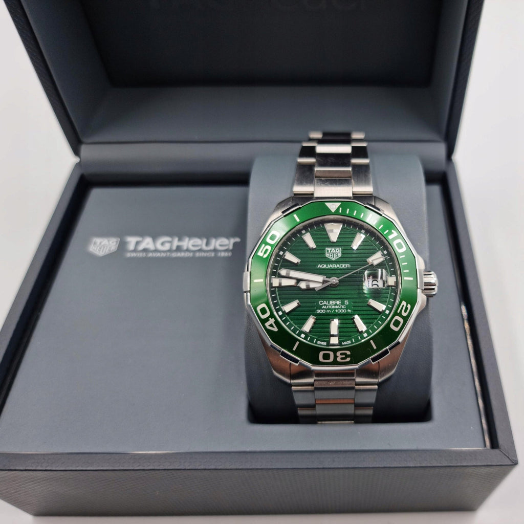 Tag Heuer Aquaracer Calibre 5 Green Dial Silver Steel Strap Watch for Men - WAY201S.BA0927 Buy Now By Tag Heuer