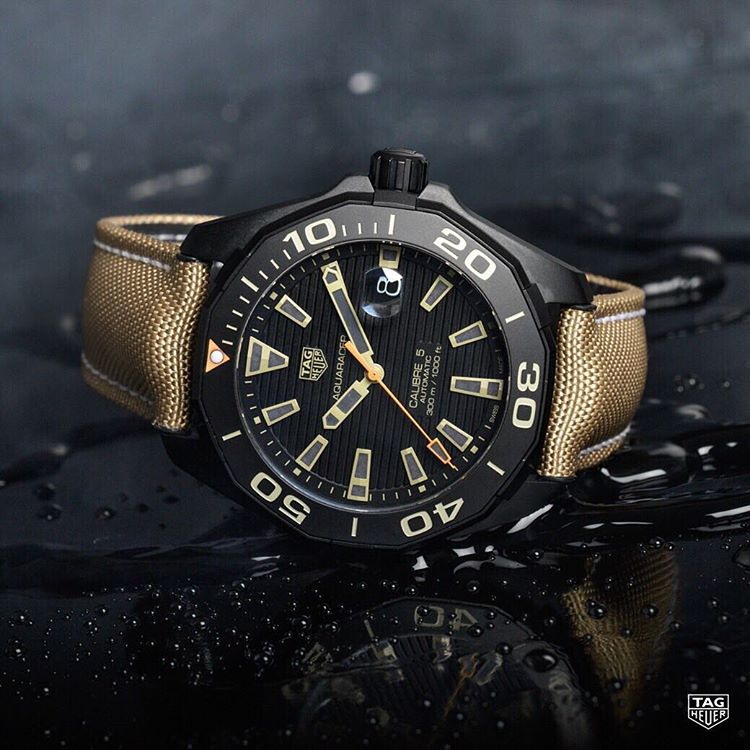 Tag Heuer Aquaracer 300 Calibre 5 Automatic Black Dial Brown Nylon Strap Watch for Men - WAY208C.FC6383 Buy Now By Tag Heuer