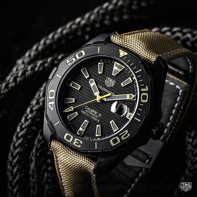 Tag Heuer Aquaracer 300 Calibre 5 Automatic Black Dial Brown Nylon Strap Watch for Men - WAY208C.FC6383 Buy Now By Tag Heuer