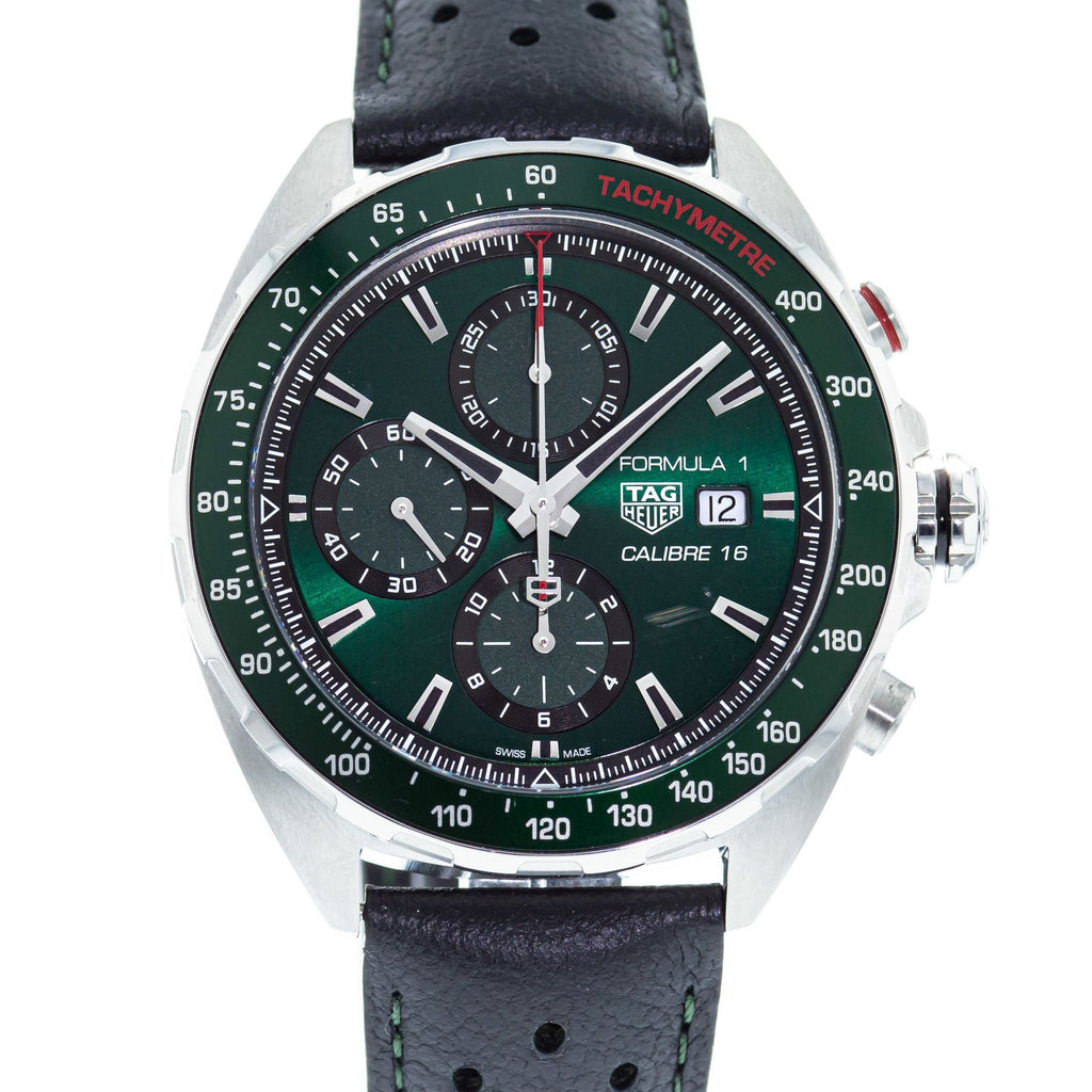 Tag Heuer Formula 1 Calibre 16 Automatic Chronograph Green Dial Black Leather Strap Watch for Men - CAZ2016.FC6473 Buy Now By Tag Heuer
