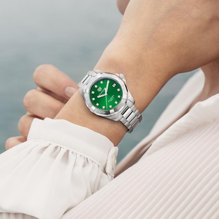 Tag Heuer Aquaracer Diamonds Emerald Green Dial Silver Steel Strap Watch for Women - WBD1316.BA0740 Buy Now By Tag Heuer