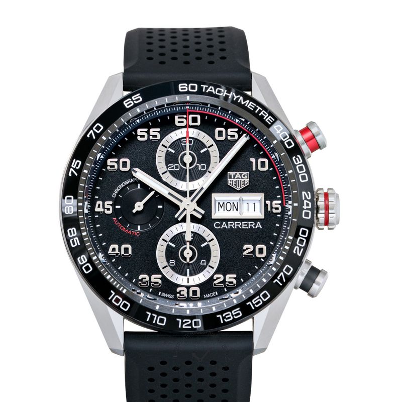 Tag Heuer Carrera Chronograph Black Dial Black Rubber Strap Watch for Men - CBN2A1AA.FT6228 Buy Now By Tag Heuer