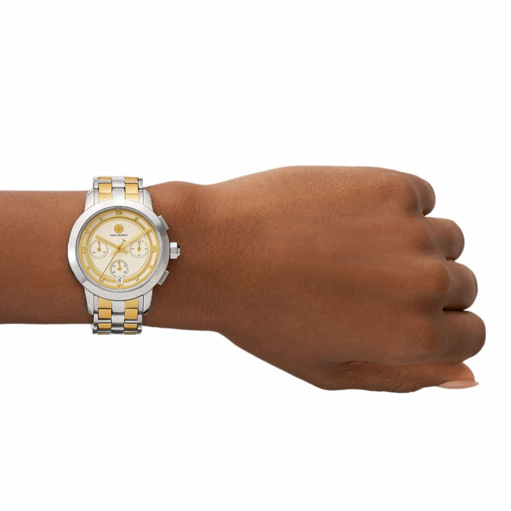 Tory Burch The Tory Chronograph White Dial Two Tone Steel Strap Watch for Women - TBW1052 Buy Now By Tory Burch