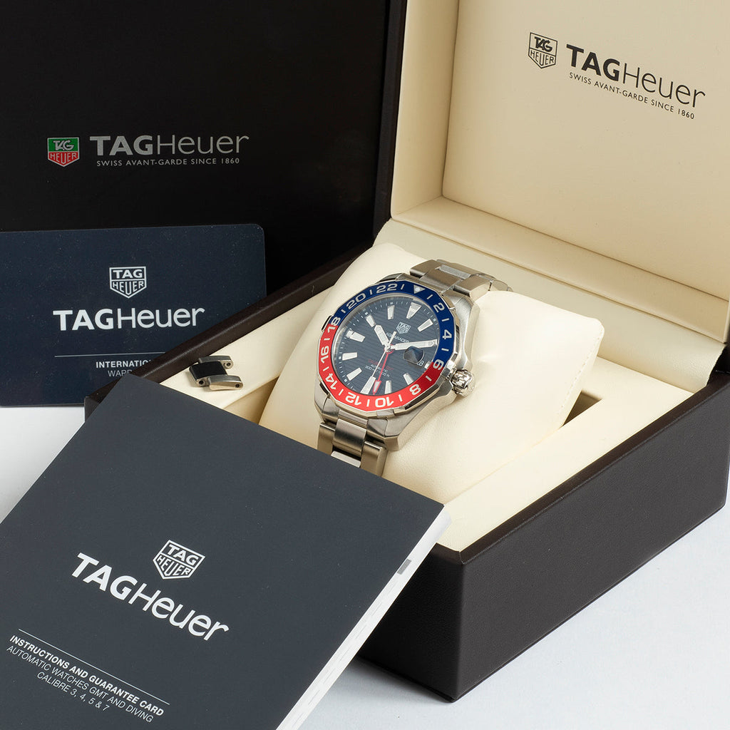 Tag Heuer Aquaracer GMT Caliber 7 Pepsi Black Dial Silver Steel Strap Watch for Men - WAY201F.BA0927