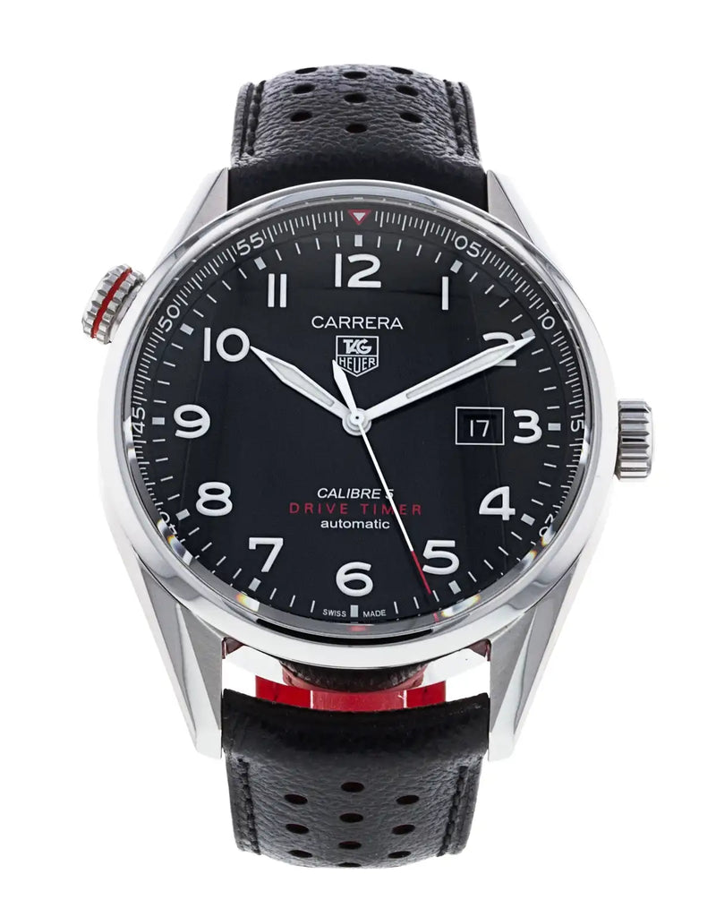 Tag Heuer Carrera Calibre 5 Drive Timer Black Dial Black Leather Strap Watch for Men - WAR2A10.FC6337 Buy Now By Tag Heuer