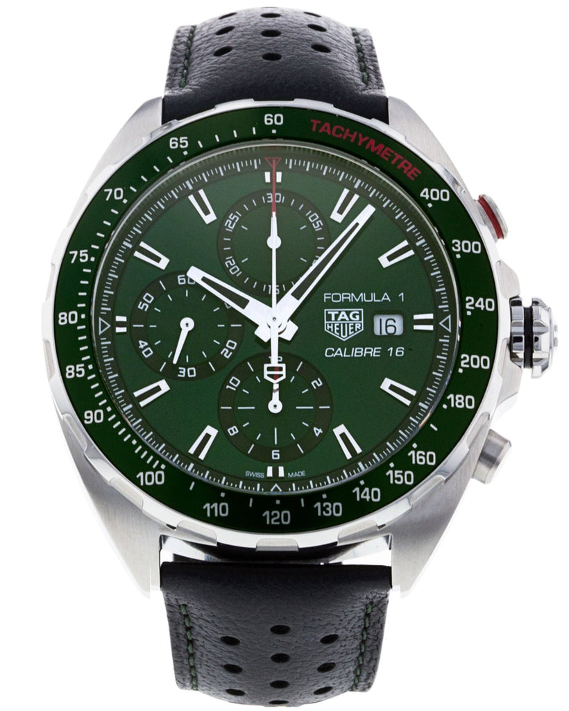 Tag Heuer Formula 1 Calibre 16 Automatic Chronograph Green Dial Black Leather Strap Watch for Men - CAZ2016.FC6473 Buy Now By Tag Heuer