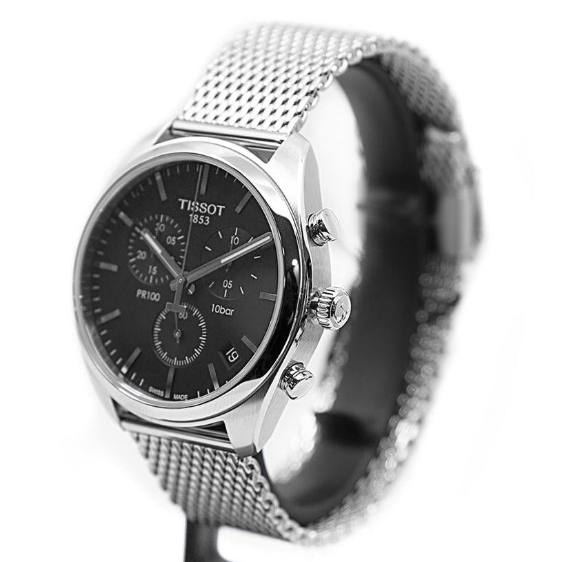 Tissot PR 100 Chronograph Black Dial Silver Mesh Bracelet Watch For Men - T101.417.11.051.01 Buy Now By Tissot