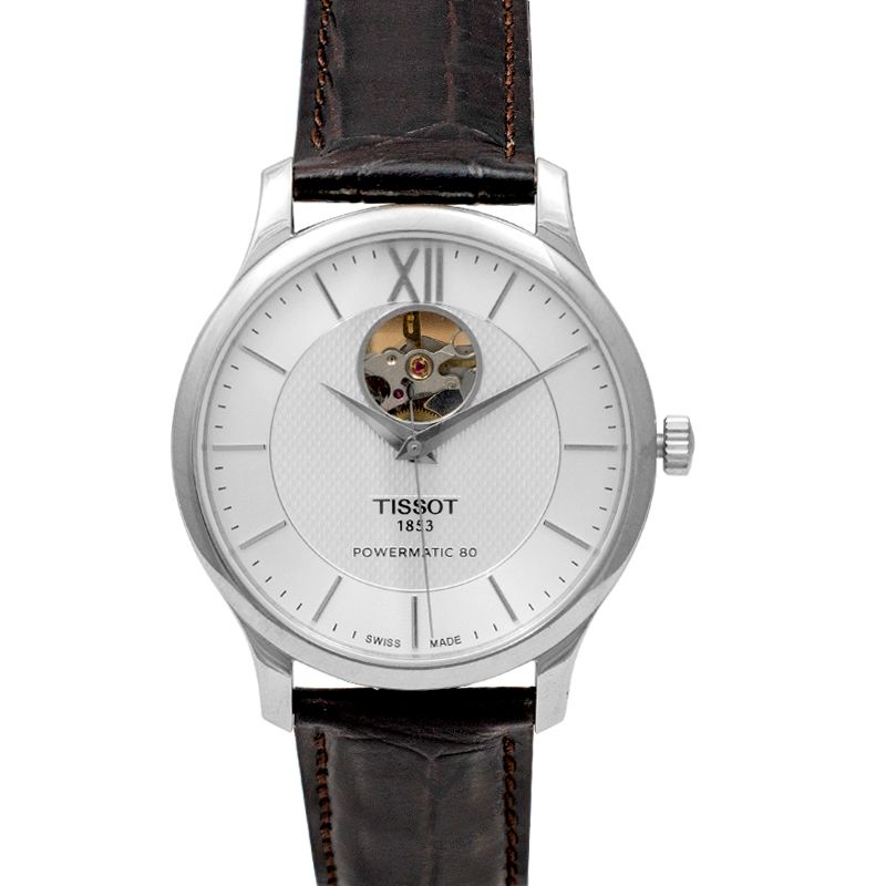 Tissot T Classic Tradition Powermatic 80 Open Heart Silver Dial Brown Leather Strap Watch for Men - T063.907.16.038.00 Buy Now By Tissot
