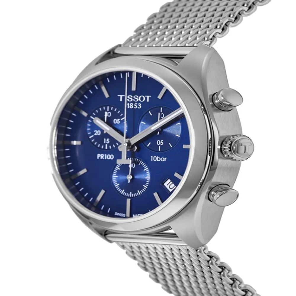 Tissot PR 100 Chronograph Blue Dial Silver Mesh Bracelet Watch for Men - T101.417.11.041.00 Buy Now By Tissot