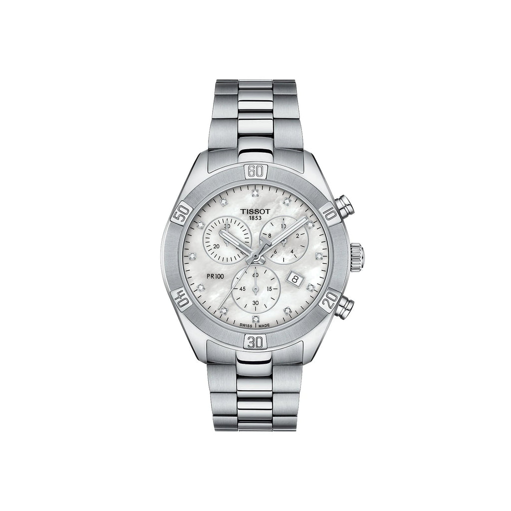 Tissot PR 100 Sport Chic Chronograph Diamonds Mother of Pearl Dial Silver Steel Strap Watch for Women - T101.917.11.116.00 Buy Now By Tissot