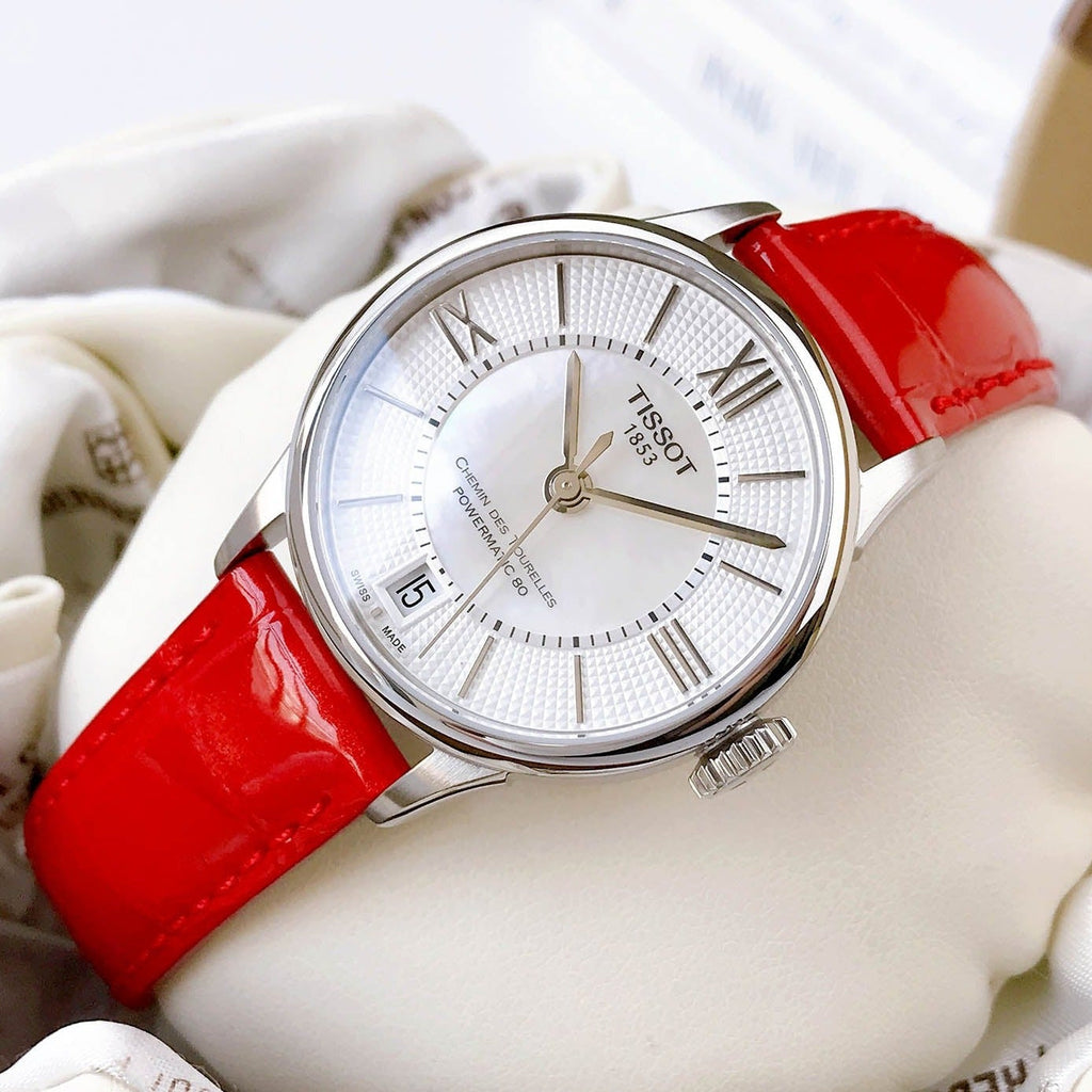 Tissot Chemin Des Tourelles Powermatic 80 Mother of Pearl White Dial Red Leather Strap Watch For Women - T099.207.16.118.00 Buy Now By Tissot