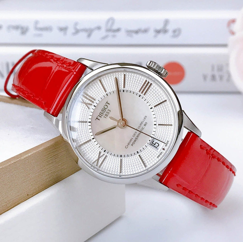 Tissot Chemin Des Tourelles Powermatic 80 Mother of Pearl White Dial Red Leather Strap Watch For Women - T099.207.16.118.00 Buy Now By Tissot