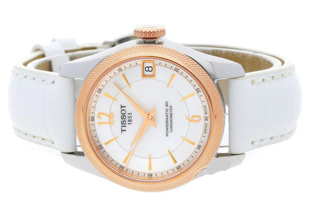 Tissot T-Classic Powermatic 80 Mother of Pearl Silver Dial White Leather Strap Watch For Women - T108.208.26.117.00 Buy Now By Tissot