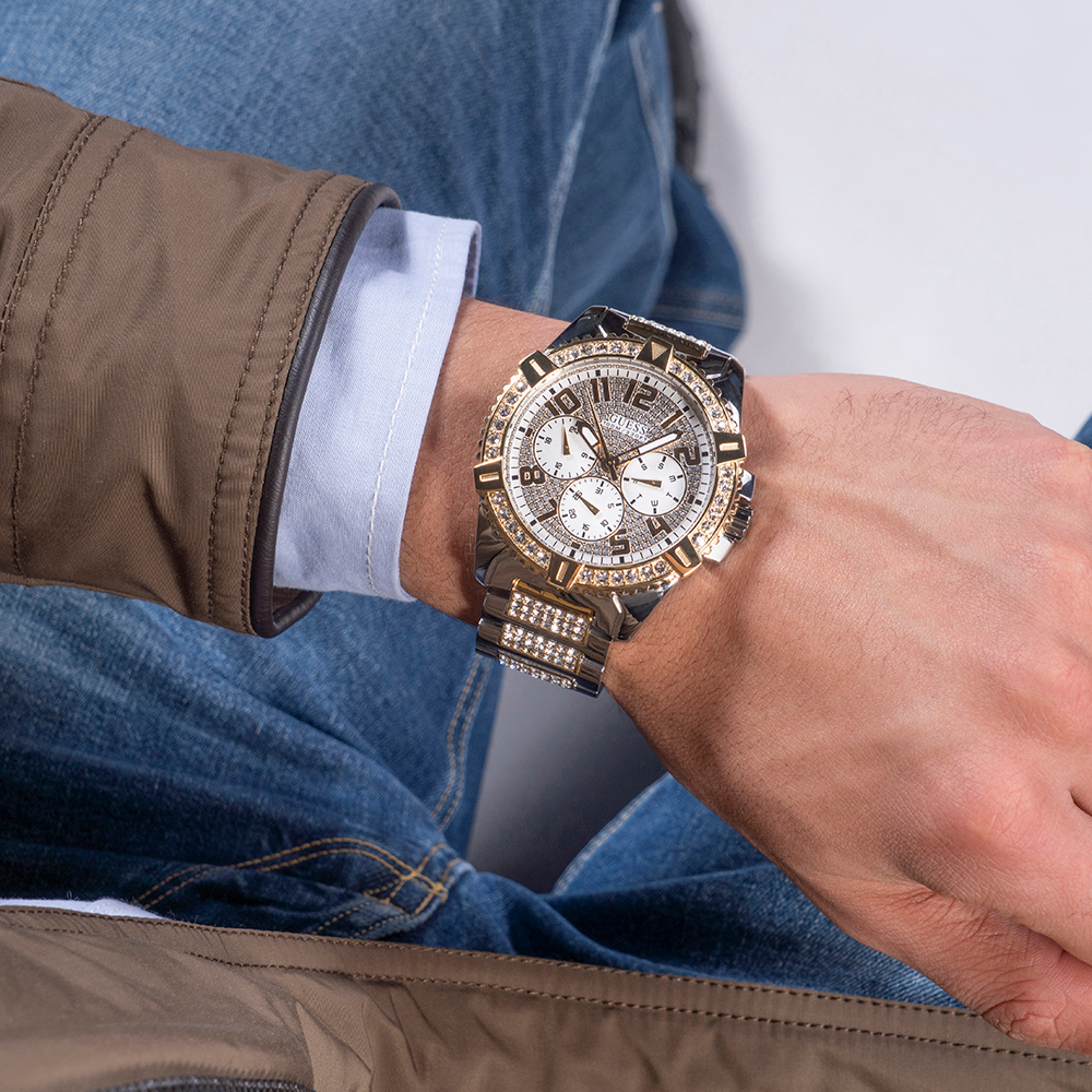 Guess Frontier Chronograph Crystals Silver Dial Two Tone Steel Strap Watch for Men - W0799G4 Buy Now By Guess