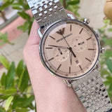 Emporio Armani Aviator Chronograph Beige Dial Silver Steel Strap Watch For Men - AR11239 Buy Now By Emporio Armani