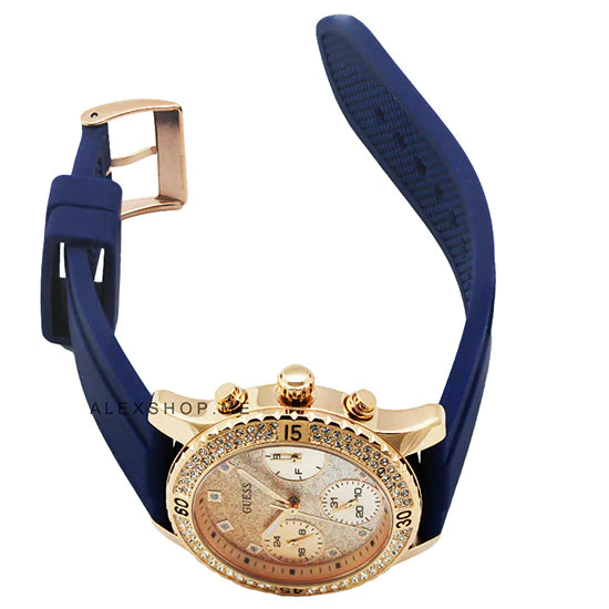 Guess Confetti Diamonds Gold Dial Blue Rubber Strap Watch For Women - W1098L6 Buy Now By Guess