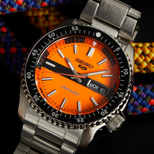 Seiko 5 Sports Double Hurricane Retro Orange Dial Silver Steel Strap Watch For Men - SRPK11K1