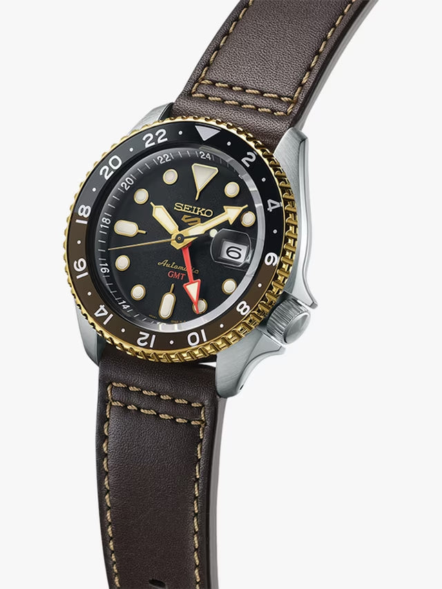 Seiko 5 Sports SKX GMT Automatic Mocha Black Dial Brown Leather Strap Watch For Men - SSK036K1 Buy Now By Seiko