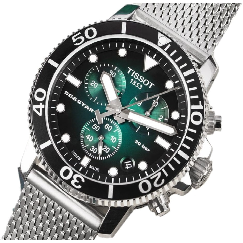 Tissot Seastar 1000 Chronograph Green Dial Silver Mesh Bracelet Watch For Men - T120.417.11.091.00 Buy Now By Tissot