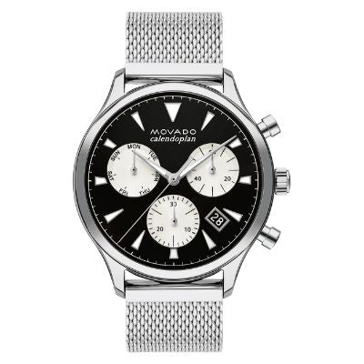 Movado Heritage Calendoplan Chronograph Black Dial Silver Mesh Strap Watch for Men - 3650097 Buy Now By Movado