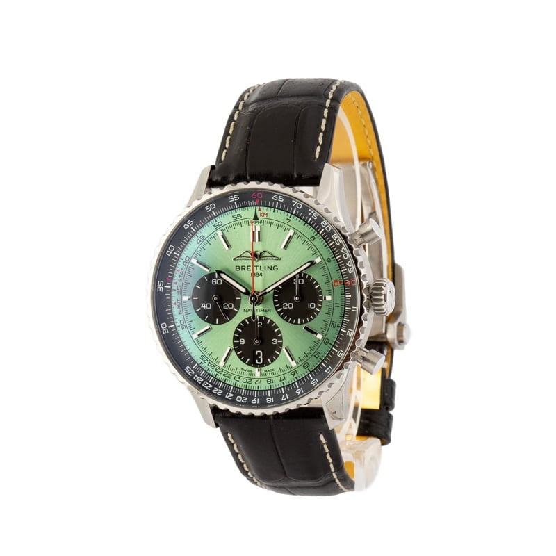 Breitling Navitimer B01 Chronograph 43 Green Dial Black Leather Strap Watch for Men - AB0138241L1P1 Buy Now By Breitling