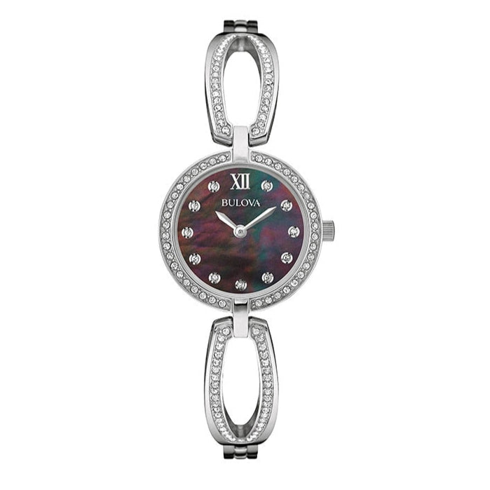 Bulova Crystal Black Mother of Pearl Dial Silver Steel Strap Watch for Women - 96L224 Buy Now By Bulova