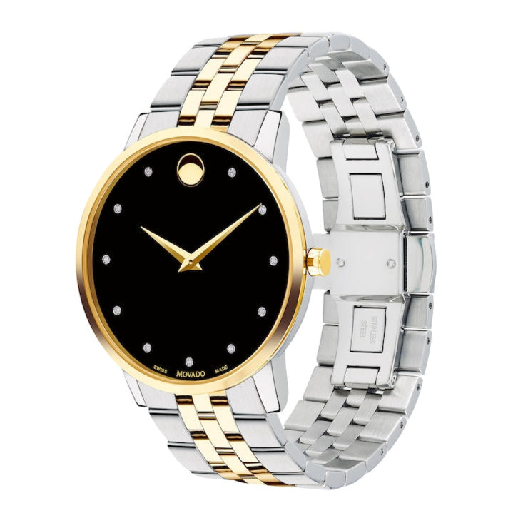 Movado Museum Classic Diamonds Black Dial Two Tone Steel Strap Watch For Men - 0606879 Buy Now By Movado